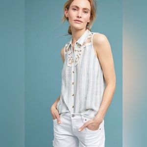 Anthropologie Maeve Edinboro Sleeveless Striped Linen Button Down Blouse